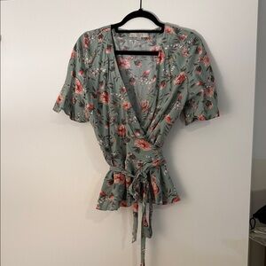 LOFT Floral Wrap Blouse - Sage and Coral